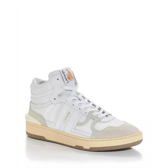 NEW LANVIN men's curb clay tennis leather & mesh hi top sneakers in white